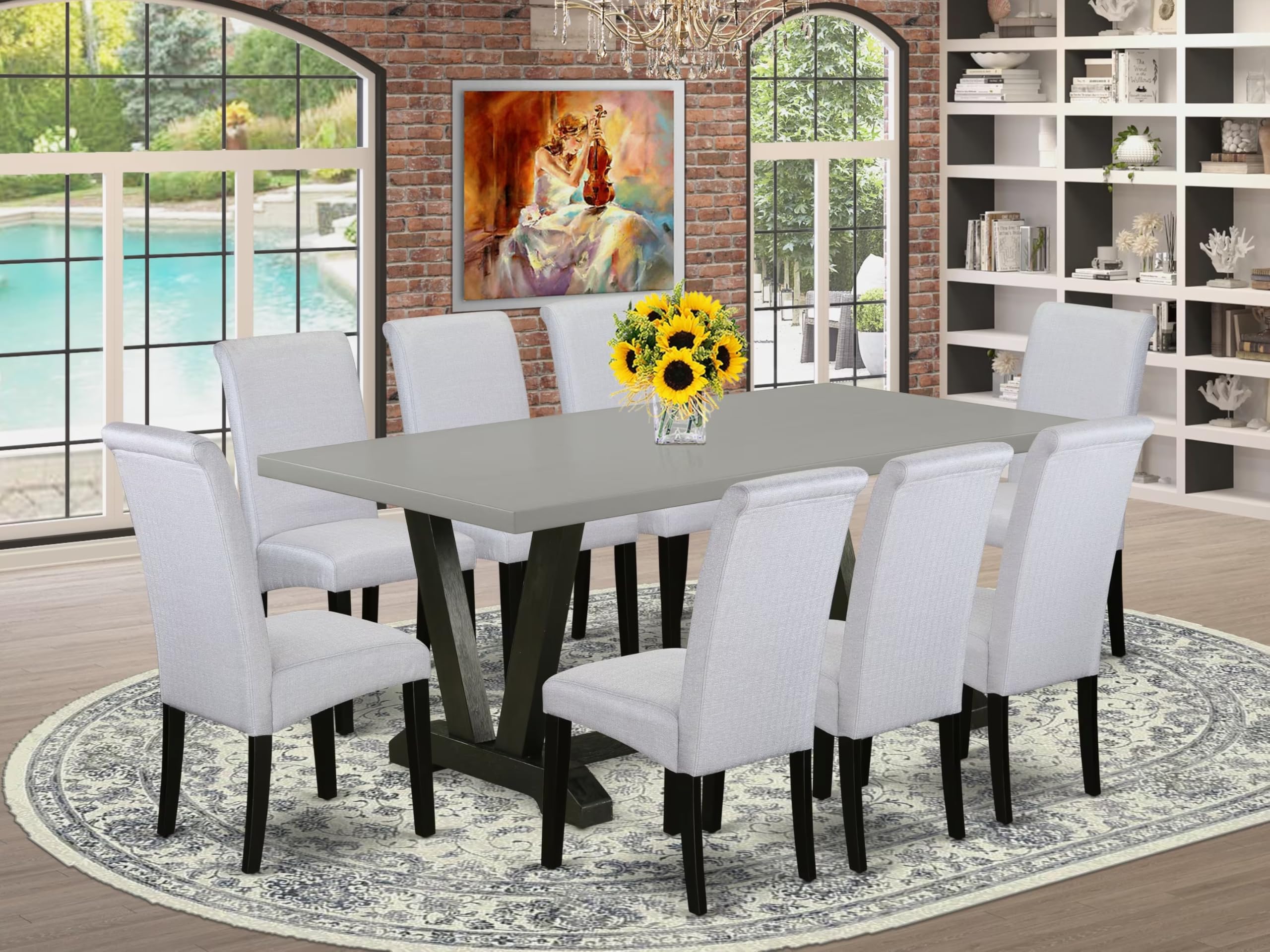 East West Furniture V697Ba105-9 9 Piece Modern Dining Table Set Includes A Rectangle Wooden Table With V-Legs And 8 Grey Linen Fabric Upholstered Parson Chairs, 40X72 Inch, Multi-Color